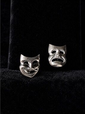 Beau Sterling Greek Comedy and Tragedy Mask Screw Back Earrings Vintage